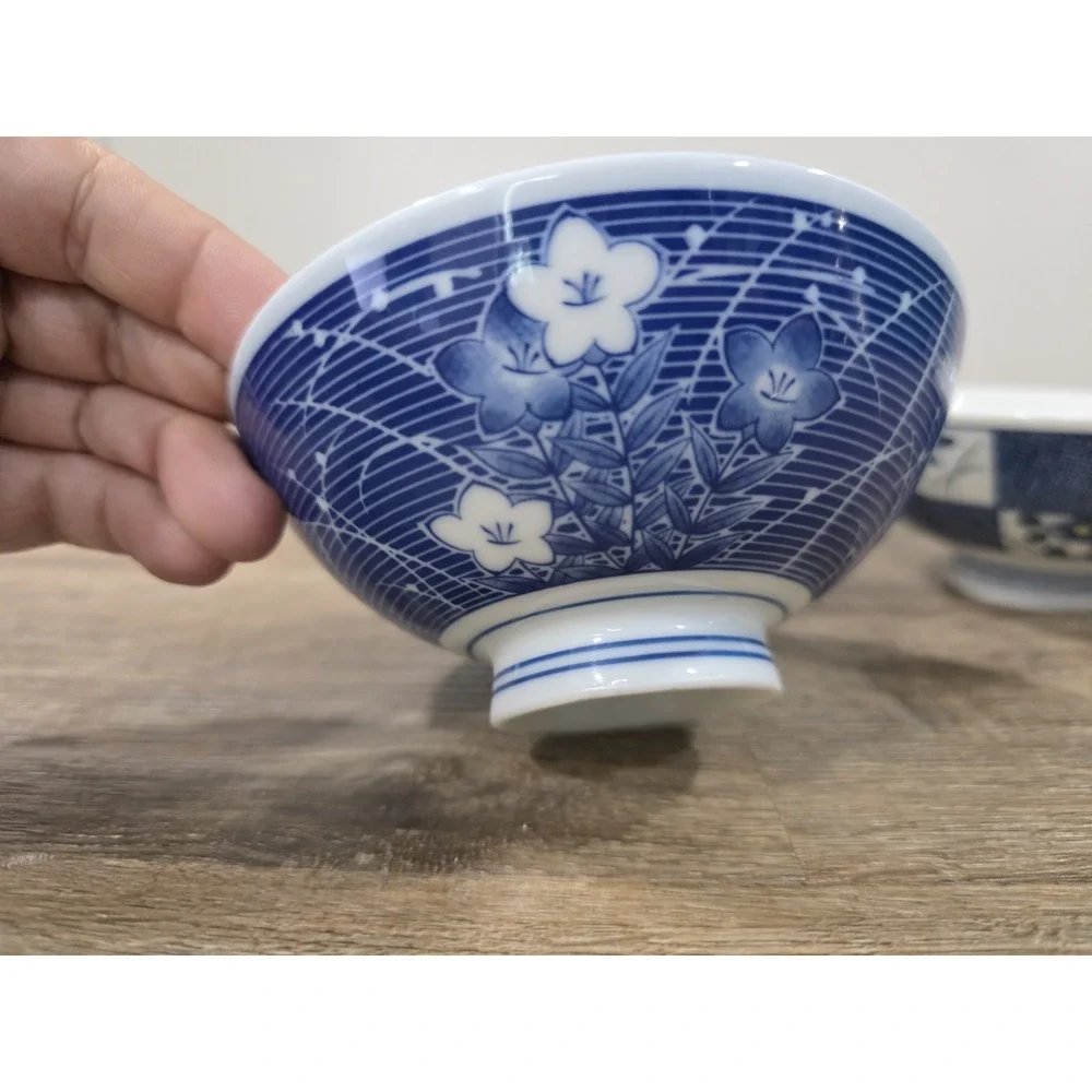 4 Japanese Blue & White Rice Bowls Floral, Mismatched 2